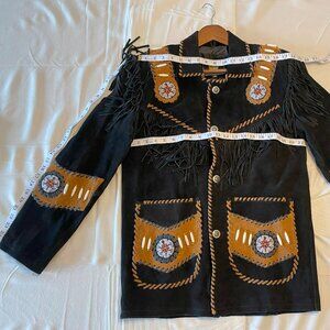 New - 42" Chest Men's Black & Brown Suede Leather Fringes Beaded Jacket